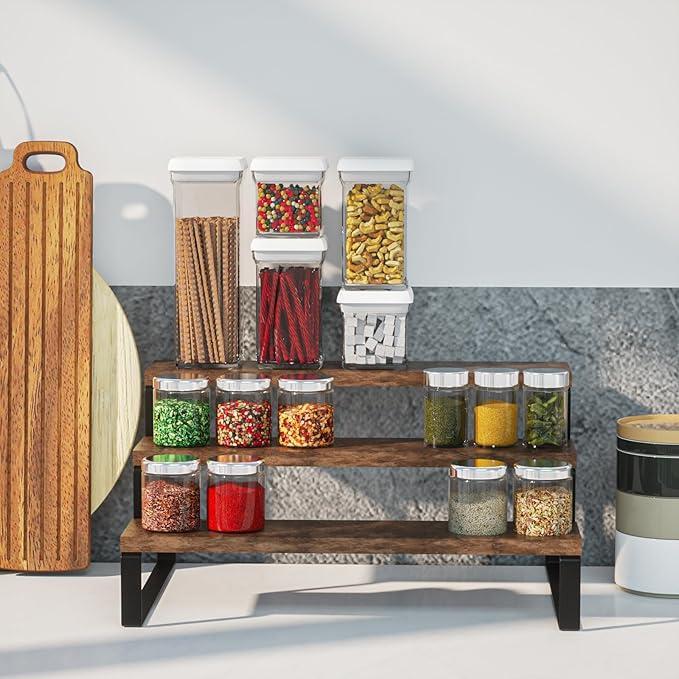 Wooden shelf with various jars of snacks on a kitchen counter.