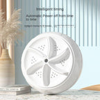 White circular device with text about intelligent timing and automatic power off on a light blue background.