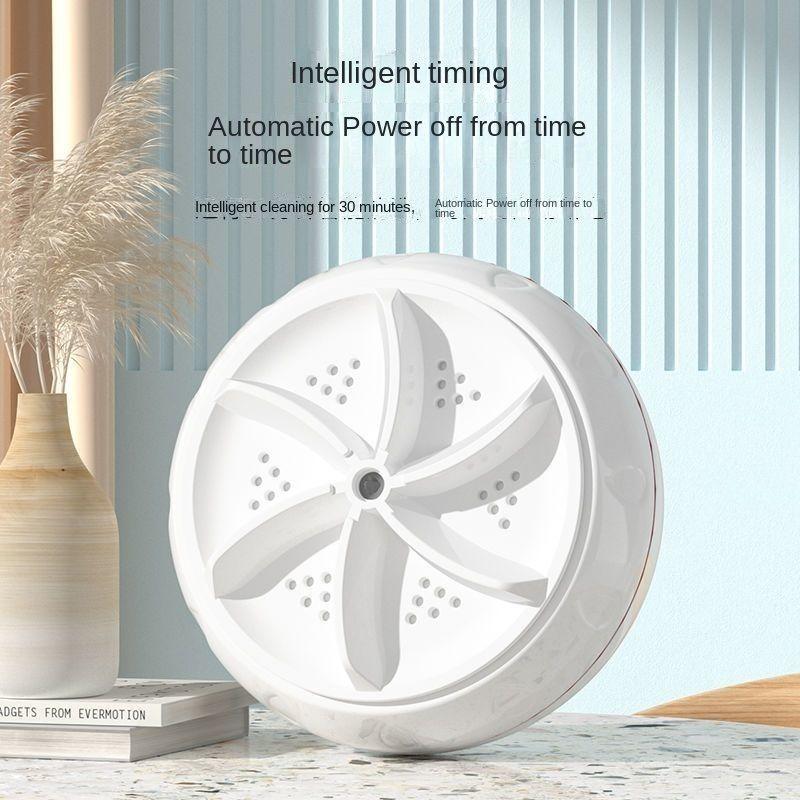 White circular device with text about intelligent timing and automatic power off on a light blue background.