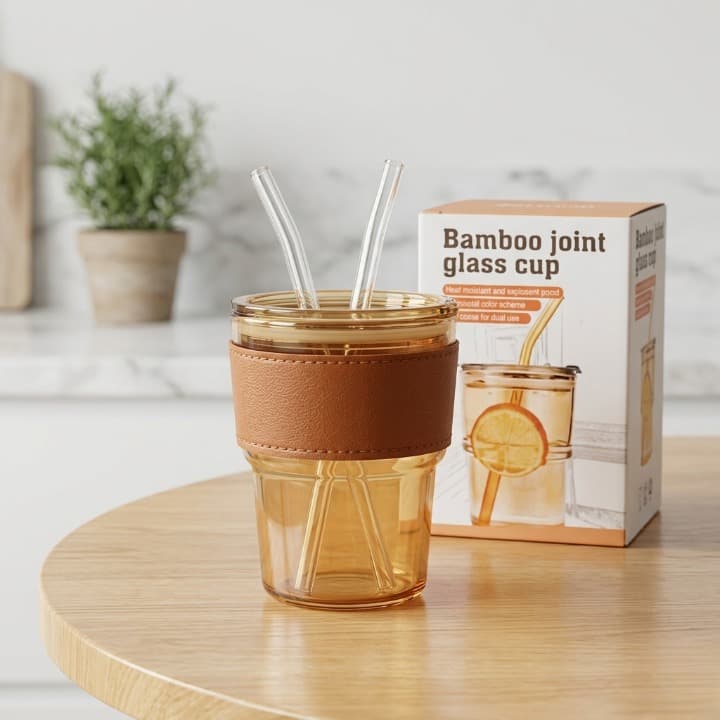 Bamboo joint glass cup with brown sleeve and straws next to its packaging on a wooden table.