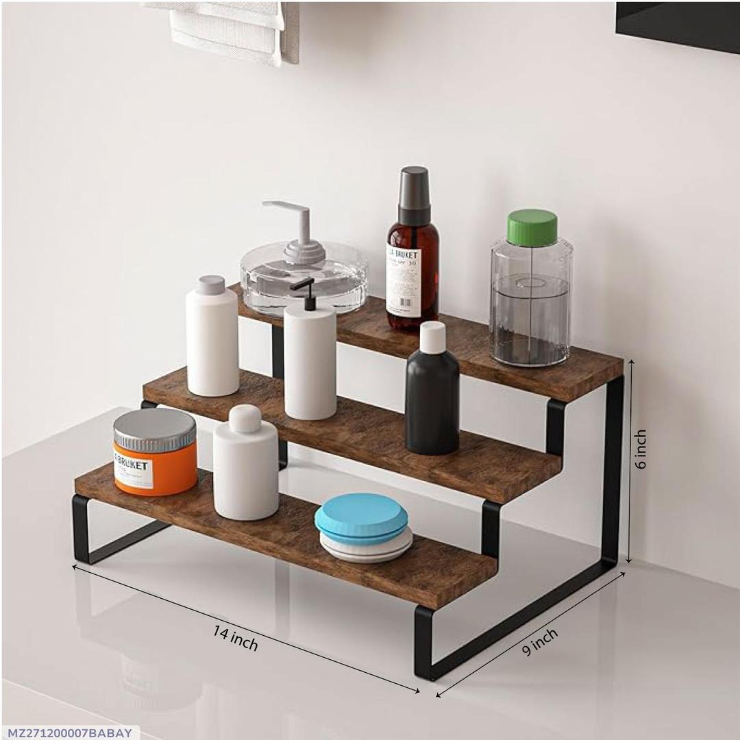 Wooden shelf with various bottles and containers on a white background