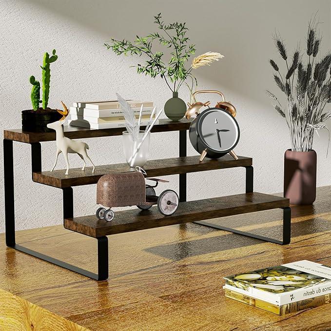Wooden shelf with decorative items on a wooden floor