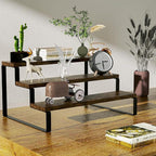 Wooden shelf with decorative items on a wooden floor