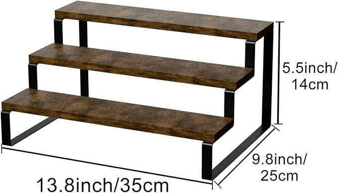 Three-tiered wooden shelf with metal legs and dimensions displayed