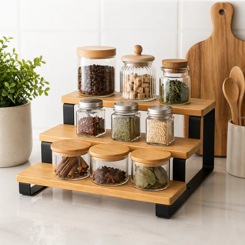 Wooden spice rack with glass jars containing various spices on a kitchen counter.