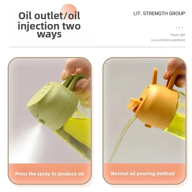 Two images showing a green and yellow oil container with different methods of oil release.