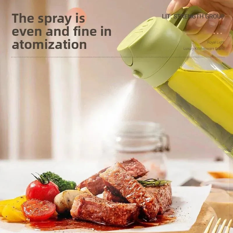 Sprayer being used on a plate of food with text about spray atomization