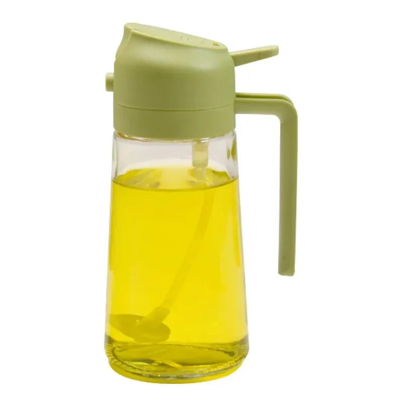 Glass bottle with green lid and handle filled with yellow liquid on a white background